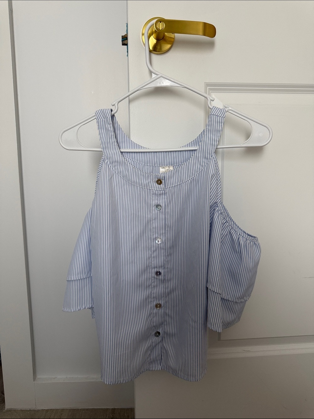 Light Blue Pinstripe Cold-Shoulder Button Front Top